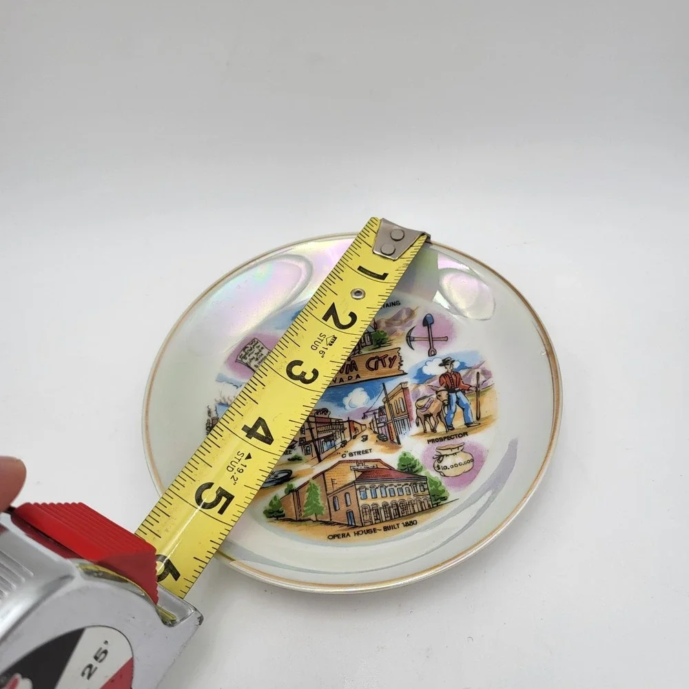 Vintage Souvenir Tea Cup & Saucer Iridescent Virginia City Nevada Prospector